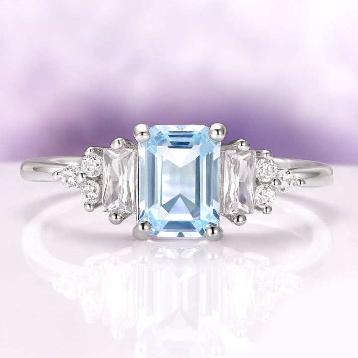 Amelia Emerald Cut Aquamarine Engagement Ring in Sterling Silver