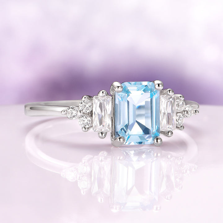 Amelia Emerald Cut Aquamarine Engagement Ring in Sterling Silver