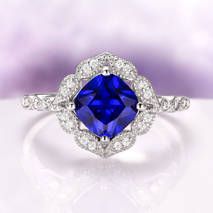 Luxe Cushion Cut Blue Sapphire Engagement Ring in Sterling Silver