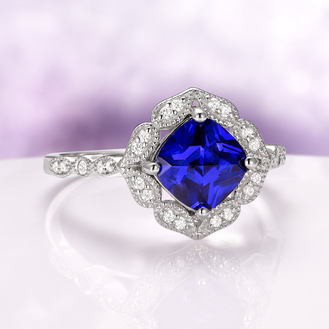 Luxe Cushion Cut Blue Sapphire Engagement Ring in Sterling Silver