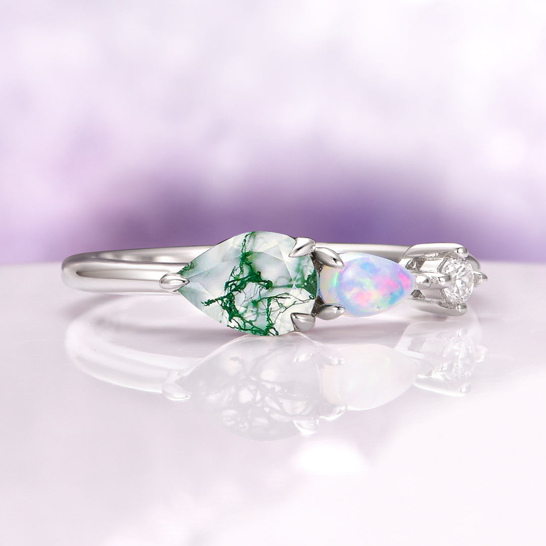 Green Moss Agate & Natural Australian Fire Opal Ring in Sterling Silver