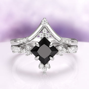 Princess Cut Black Onyx Engagement Ring Set in 14K/18K White Gold by Aquamarise Gold, featuring a princess-cut black onyx with delicate diamond accents in a modern, elegant design.