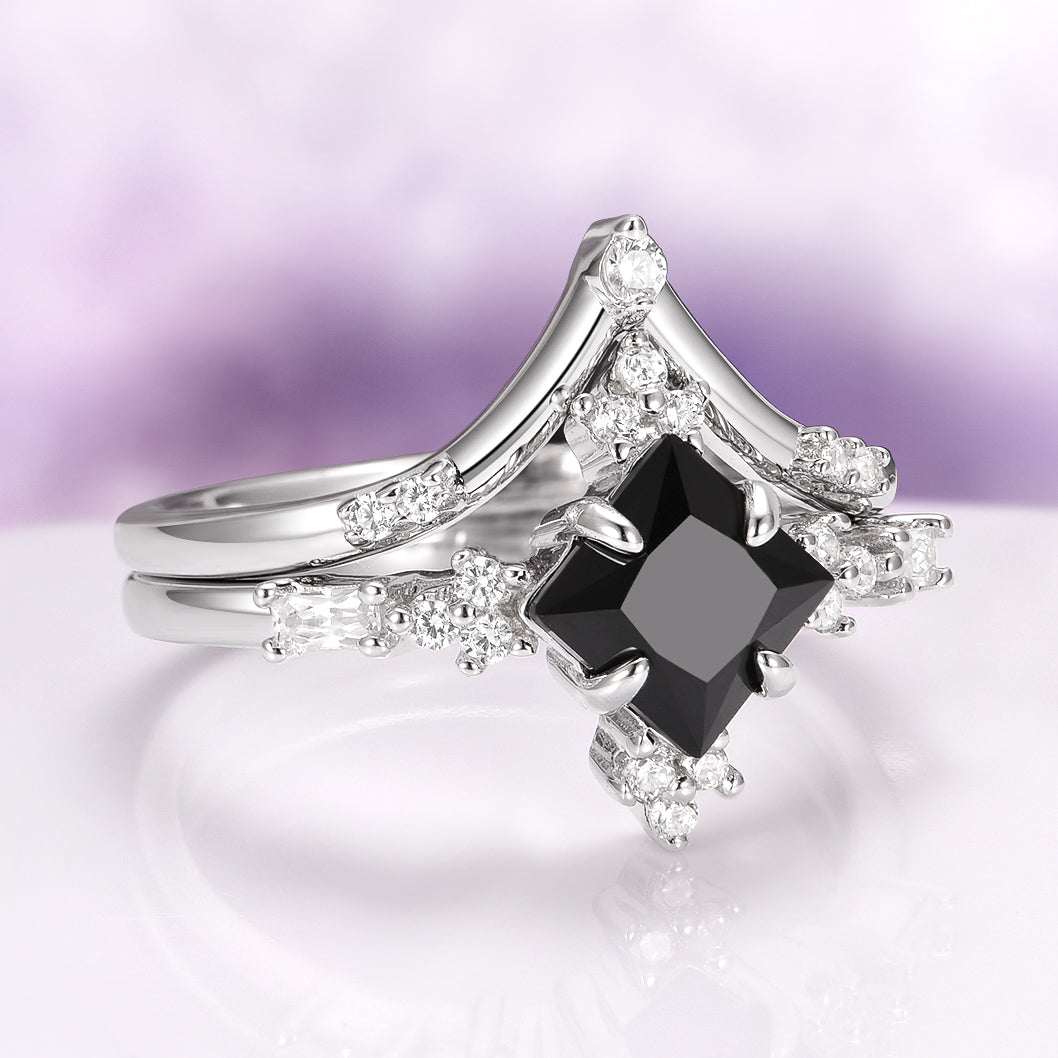 Princess Cut Black Onyx Ring Set in Sterling Silver