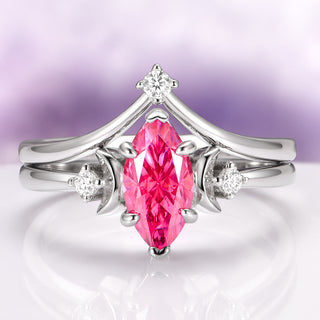 Pink Moissanite Crescent Moon Engagement Ring Set in Sterling Silver