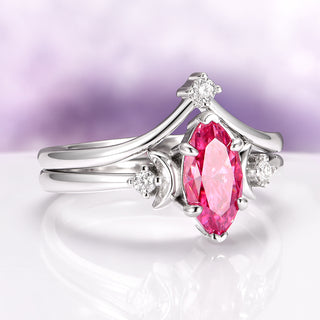 Pink Moissanite Crescent Moon Engagement Ring Set in Sterling Silver