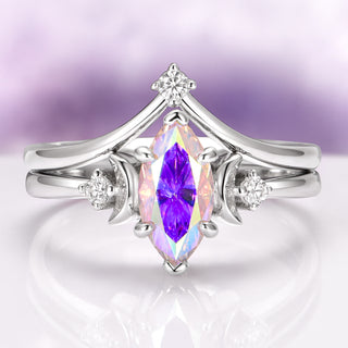 Rainbow Moissanite Crescent Moon Engagement Ring Set in Sterling Silver