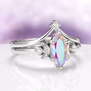 Rainbow Moissanite Crescent Moon Engagement Ring Set in Sterling Silver