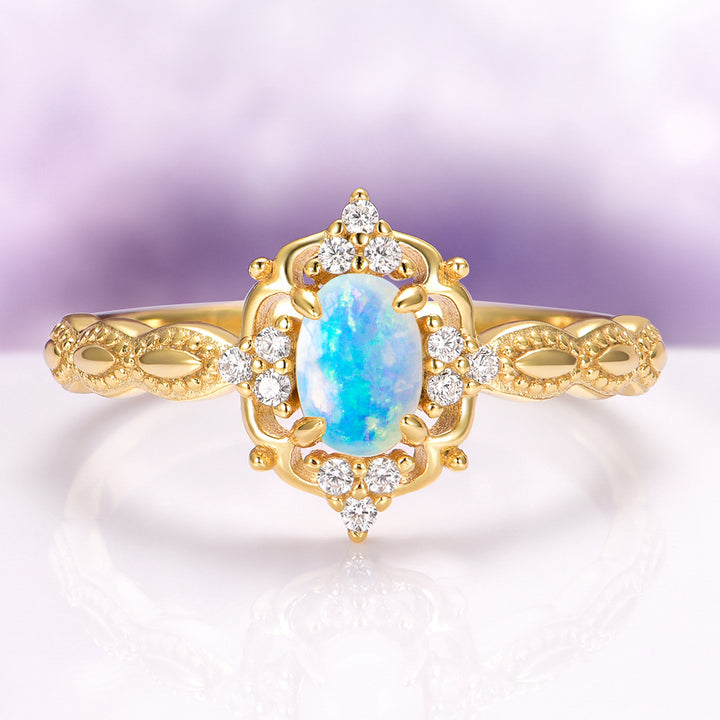 Claire Vintage Natural Australian Opal Engagement Ring in 14K Solid Yellow Gold