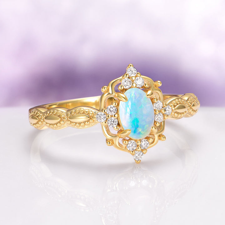 Claire Vintage Natural Australian Opal Engagement Ring in 14K Solid Yellow Gold