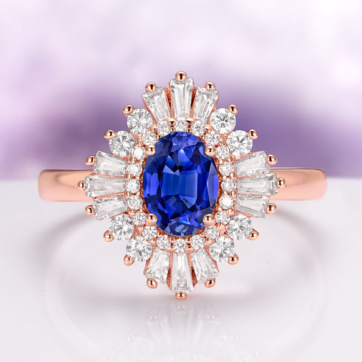 Victoria Oval Cut Blue Sapphire Engagement Ring in 14K Solid Rose Gold