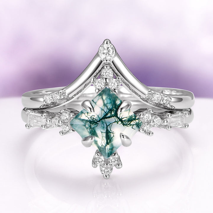Princess Cut Green Moss Agate Engagement Ring Set in Sterling Silver
