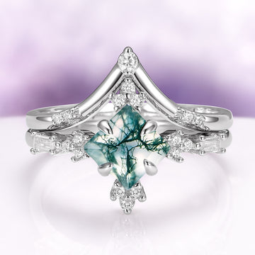 Princess Cut Moss Agate Engagement Ring Set in 14K White Gold by Aquamarise Gold, featuring a unique green moss agate centerpiece with diamond accents in a nature-inspired design.