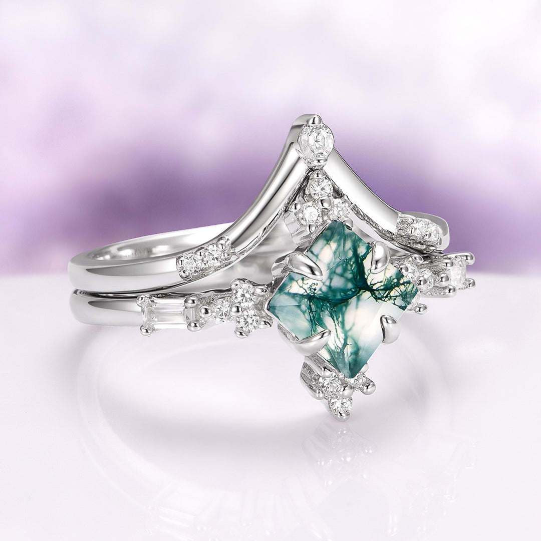 Princess Cut Green Moss Agate Engagement Ring Set in Sterling Silver