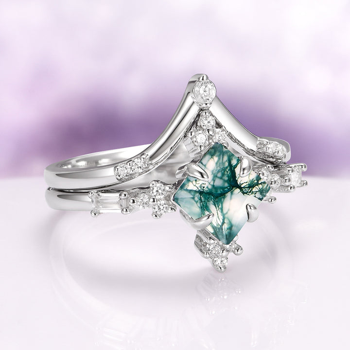 Princess Cut Green Moss Agate Engagement Ring Set in Sterling Silver