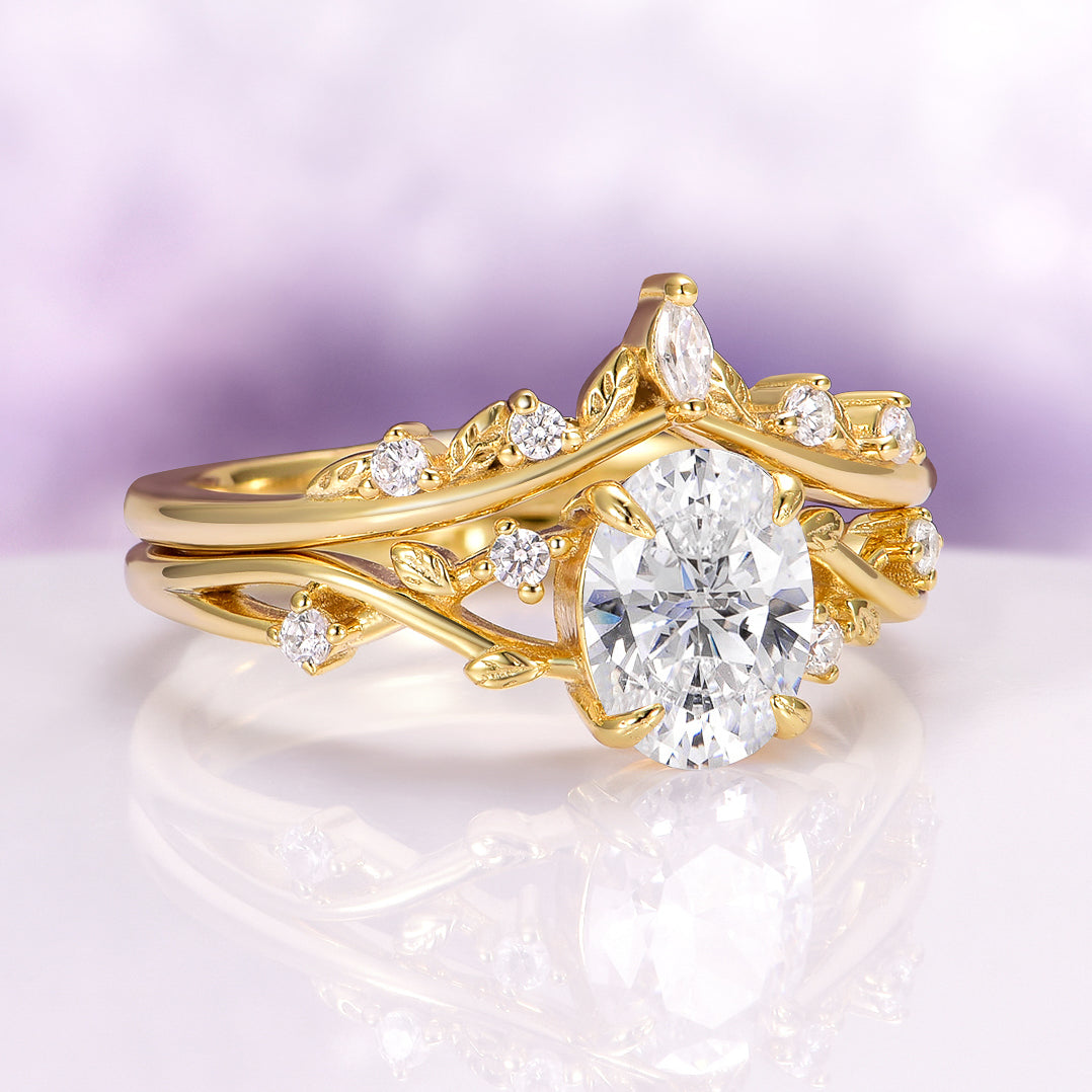 Lab-Grown Diamond Fairy Leaf  Engagement Ring Set in 14K Solid Yellow Gold (IGI Certified)