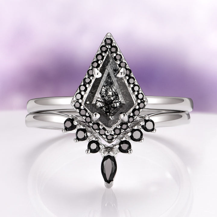 Rutilated Quartz & Black Onyx Engagement Ring Set in 14K White Gold