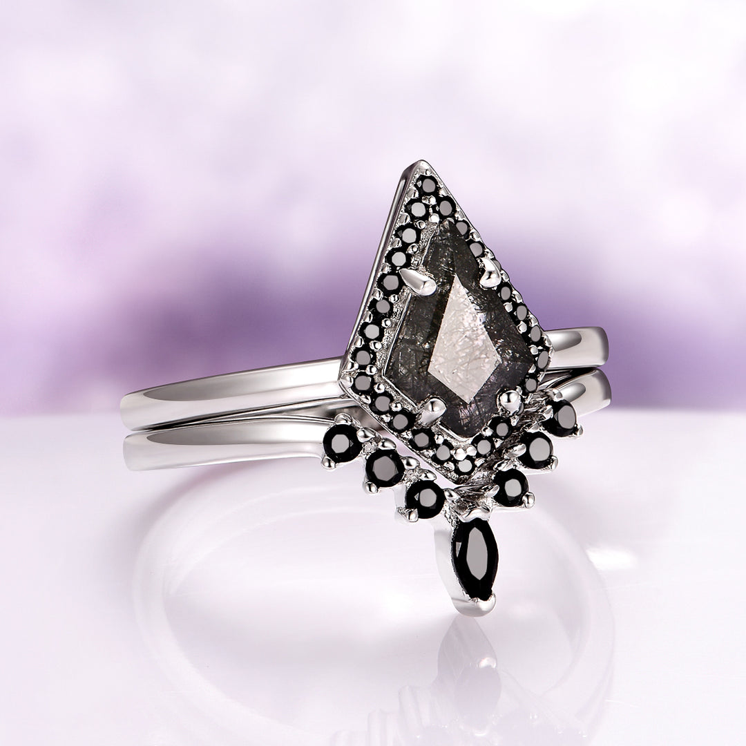 Rutilated Quartz & Black Onyx Engagement Ring Set in 14K White Gold