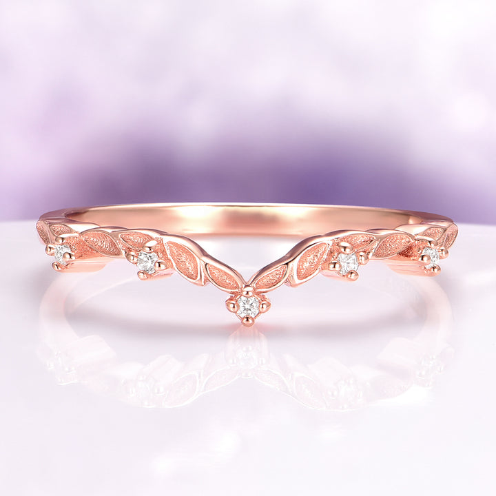 Filigree Leaf Diamond Wedding Band in 14K Solid Rose Gold