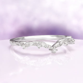 Filigree Leaf Natural Diamond Wedding Band in 14K White Gold