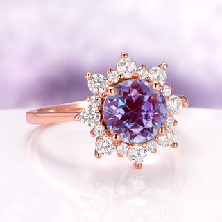 Snowflake Lab-Grown Round Cut Alexandrite Engagement Ring in 14K Solid Rose Gold