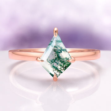 Minimalist Kite Cut Green Moss Agate Engagement Ring in 14K Solid Rose Gold by Aquamarise Gold, featuring a delicate kite-shaped moss agate set on a sleek rose gold band.