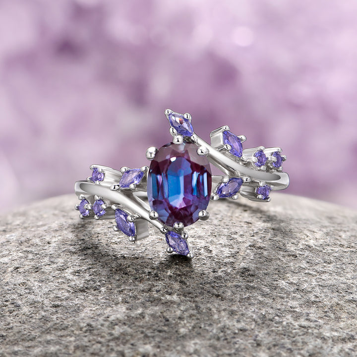 Alexandrite & Cornflower Sapphire Fairy Leaf Ring- 14K White Gold