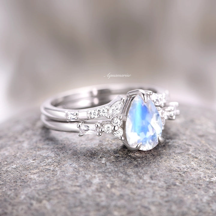 Teardrop Natural Moonstone Ring Set- 14K White Gold
