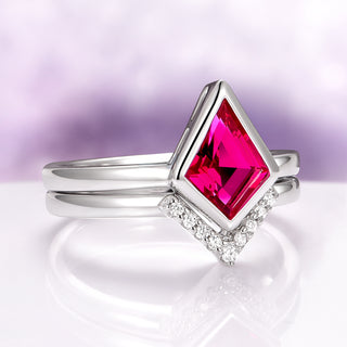Minimalist Kite Cut Bezel Lab-Grown Ruby Ring Set in Sterling Silver