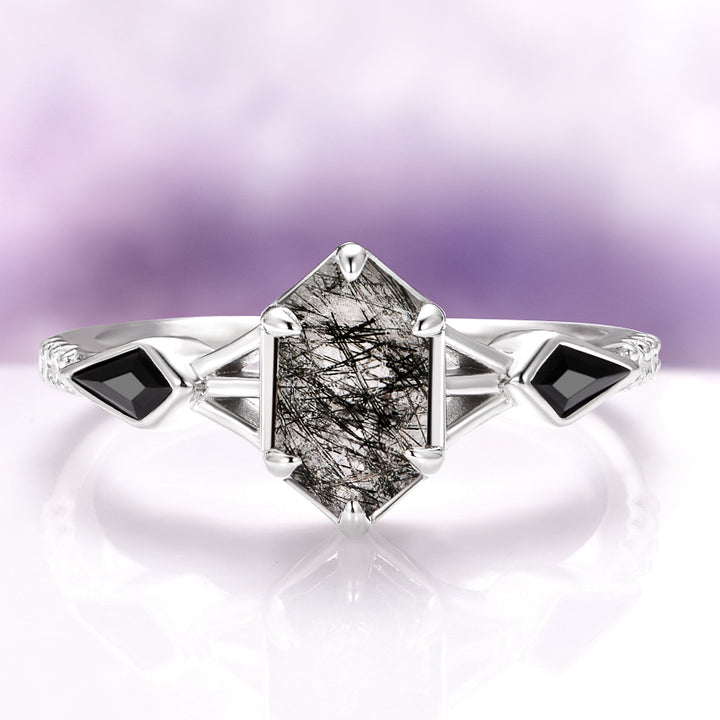 Hexagon Cut Rutilated Quartz and Black Onyx Engagement Ring in 14K White Gold