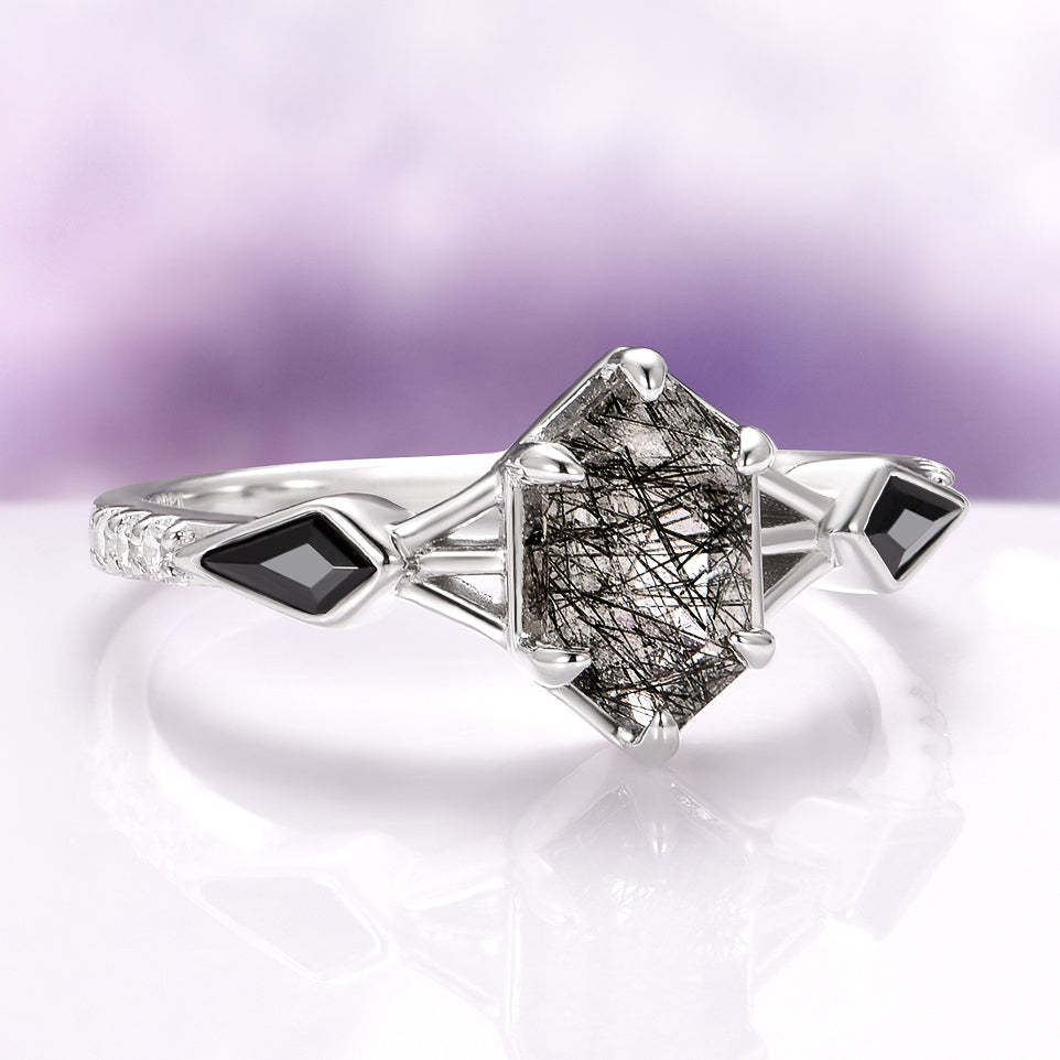 Hexagon Cut Rutilated Quartz and Black Onyx Engagement Ring in 14K White Gold