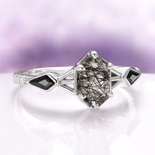 Hexagon Cut Rutilated Quartz and Black Onyx Engagement Ring in 14K White Gold