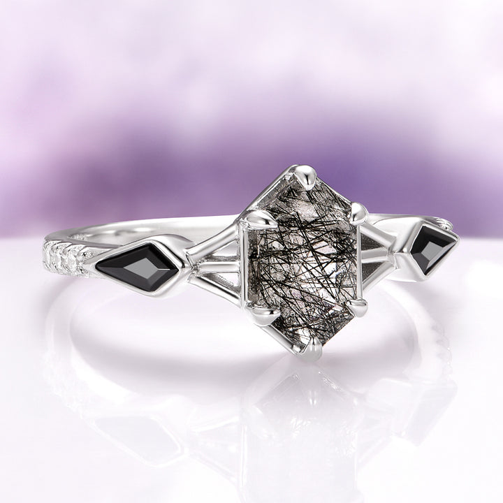 Hexagon Cut Rutilated Quartz and Black Onyx Engagement Ring in 14K White Gold