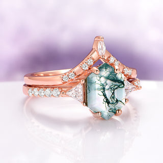 Hexagon Cut Green Moss Agate Engagement Ring Set in 14K Solid Rose Gold