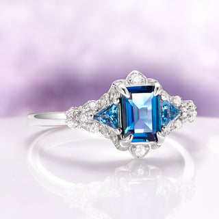 Emerald Cut London Blue Topaz Leaf Engagement Ring in 14K White Gold