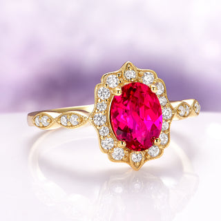 Cordelia Oval Cut Art Deco Ruby Engagement Ring in 14K Solid Yellow Gold