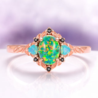 Green Fire Opal Leaf Couples Ring Set
