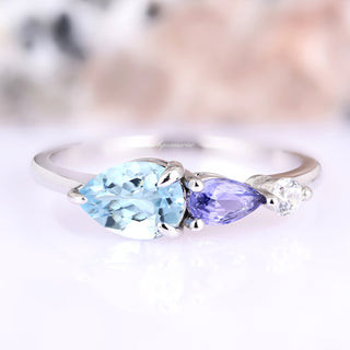 Teardrop Aquamarine & Tanzanite Ring in Sterling Silver