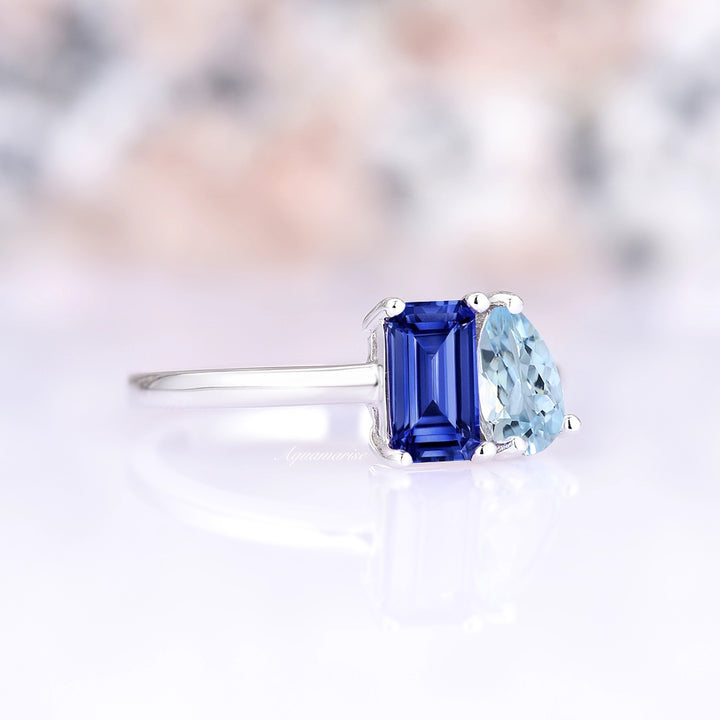 'Toi Et Moi' Blue Sapphire & Aquamarine Ring- 925 Sterling Silver