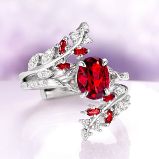 Red Garnet Leaf Ring Guard in 14K White Gold