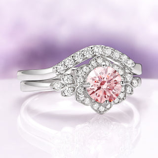 Jasmine Morganite Bridal Ring Set in 14K White Gold by Aquamarise Gold showcasing a round pink morganite center with floral diamond accents on a delicate white gold band.