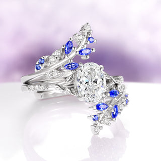 Lab-Grown Diamond & Blue Sapphire Leaf Engagement Ring Set in 14K White Gold (IGI Certified)