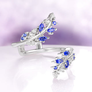Lab-Grown Diamond & Blue Sapphire Leaf Engagement Ring Set in 14K White Gold (IGI Certified)