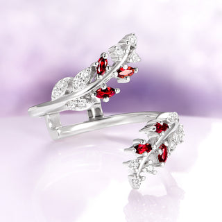 Red Garnet Leaf Ring Guard in 14K White Gold