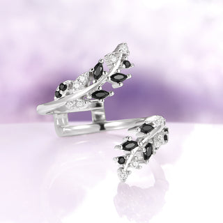 Black Moissanite Leaf Ring Guard in 14K White Gold