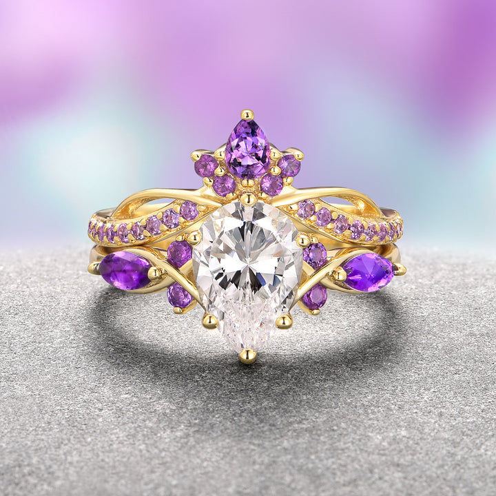 Feyra Amethyst & Moissanite Engagement Ring Set- 14K Solid Yellow Gold
