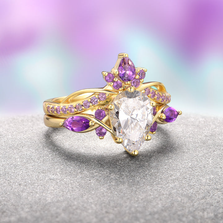 Feyra Amethyst & Moissanite Engagement Ring Set- 14K Solid Yellow Gold