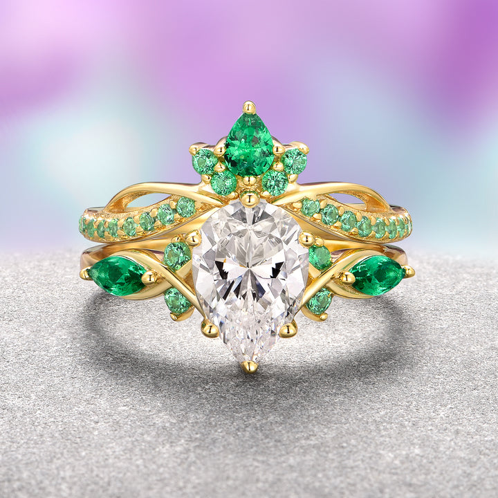 Feyra Emerald & Moissanite Engagement Ring Set- 14K Solid Yellow Gold