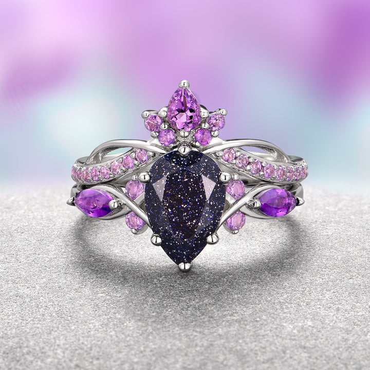 Feyra Starry Night & Amethyst Ring Set - 14K White Gold