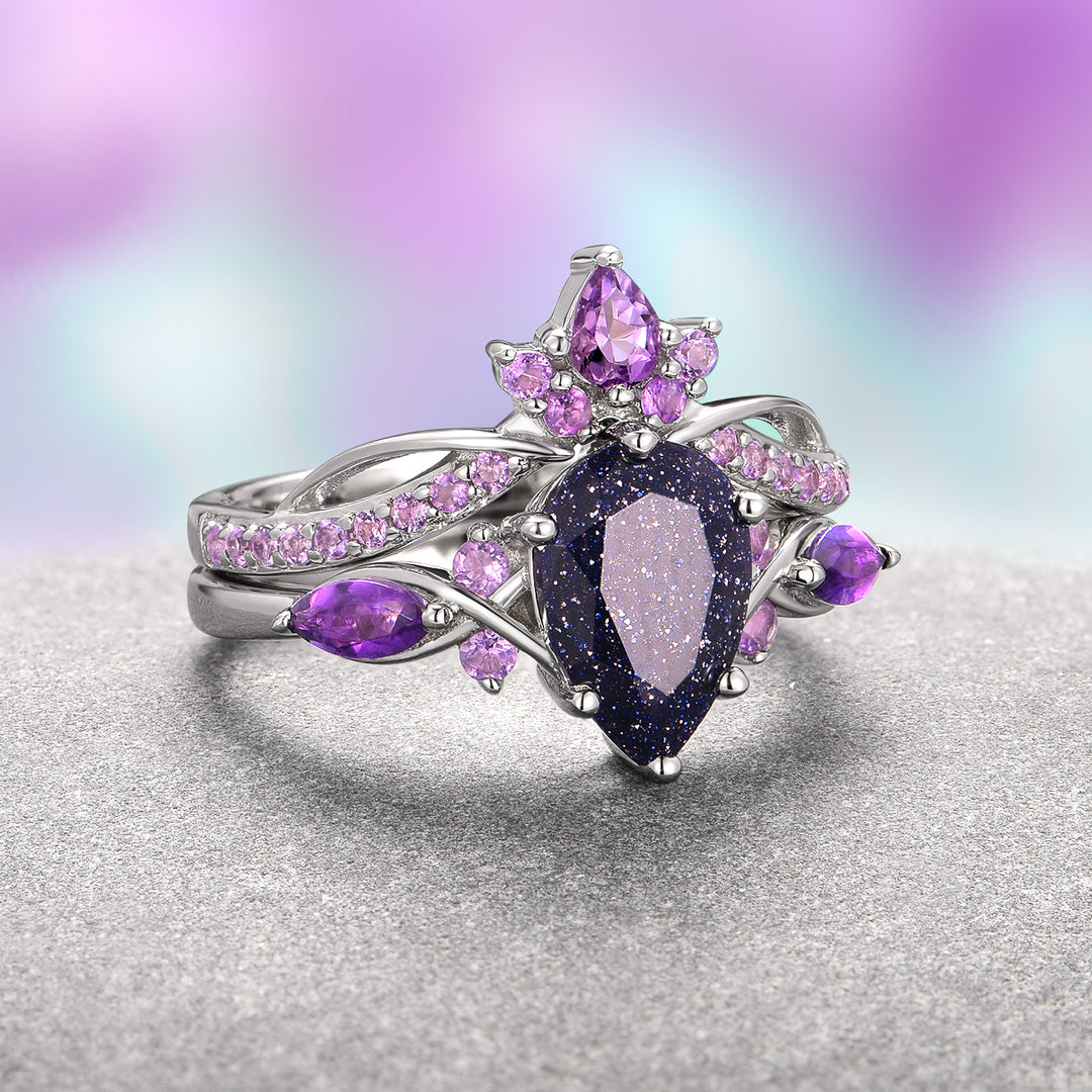 Feyra Starry Night & Amethyst Ring Set - 14K White Gold