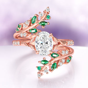 Lab-Grown Diamond Leaf Engagement Ring in 14K Solid Rose Gold (IGI Certified) by Aquamarise Gold, featuring an oval lab-grown diamond center with intricate rose gold branches adorned with green marquise accents and small diamonds, part of the Nature-Inspired Engagement Rings and Solid Gold Engagement Rings collections.